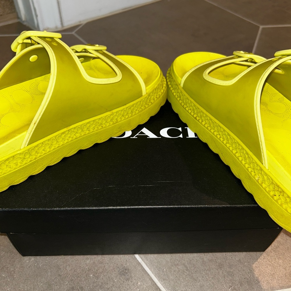 Coach Neon Yellow Double-Buckle Platform Sandals - Picture 3 of 6